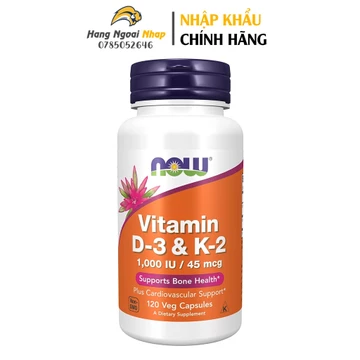 NOW Vitamin D-3 & K-2, 1,000 IU/45 mcg 120 Viên Của Mỹ - Bổ Sung Vitamin D3 và Vitamin K2