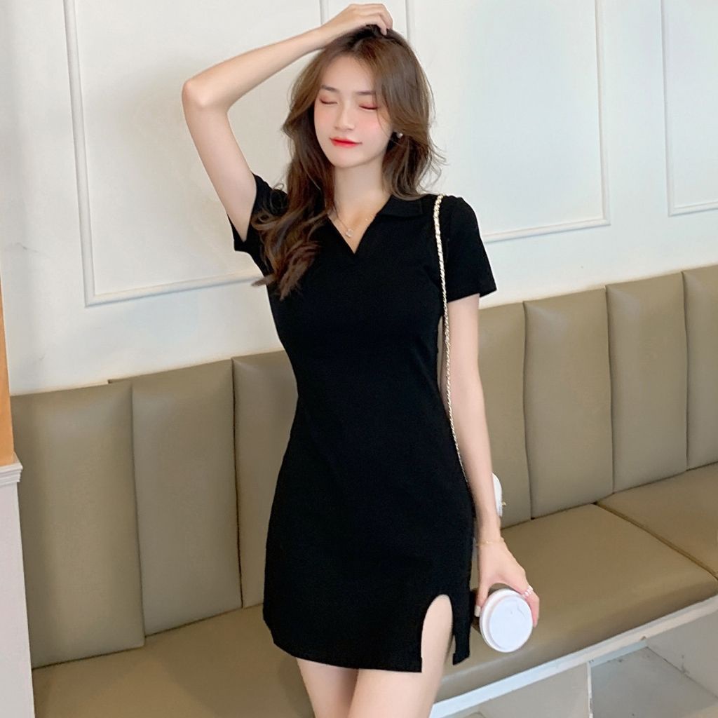 Váy nữ dáng xòe cổ polo chữ V đẹp và cá tính, Đầm body nữ xẻ tà trước gợi cảm và sexy STYLEY V003