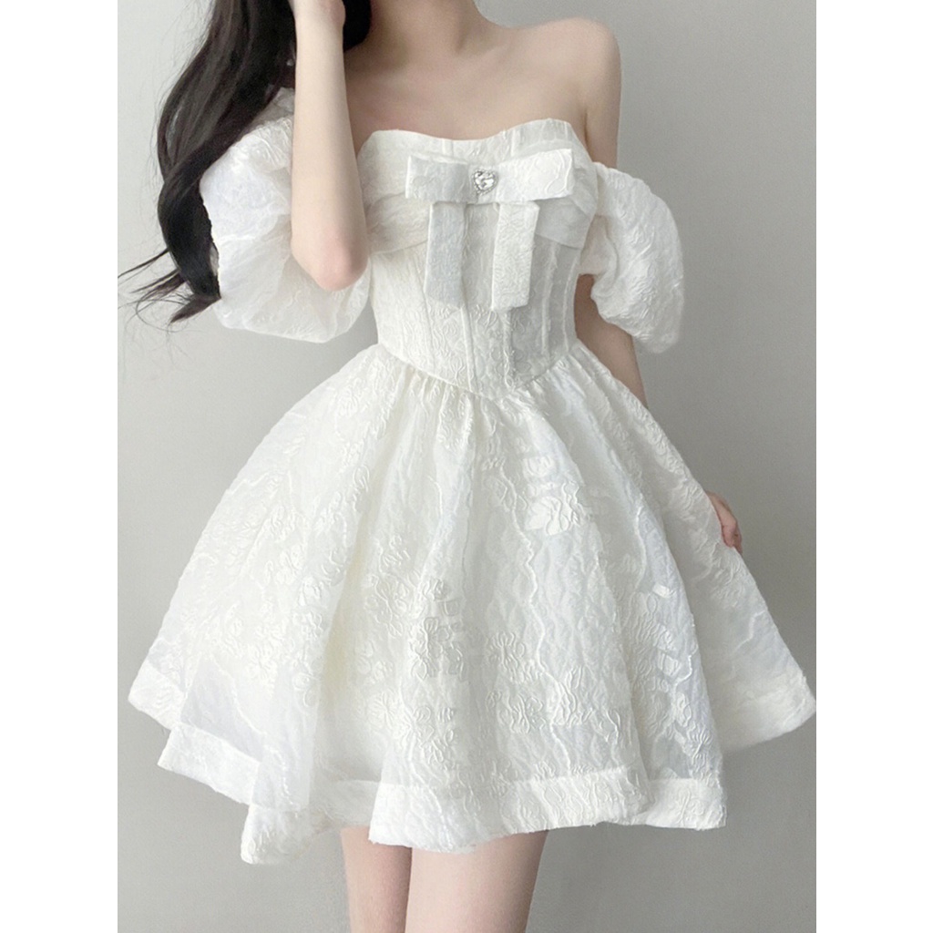 Đầm dự tiệc trễ vai nơ ngực tùng xòe cực xinh váy trắng xòe công chúa form chuẩn tôn dáng Midi dress