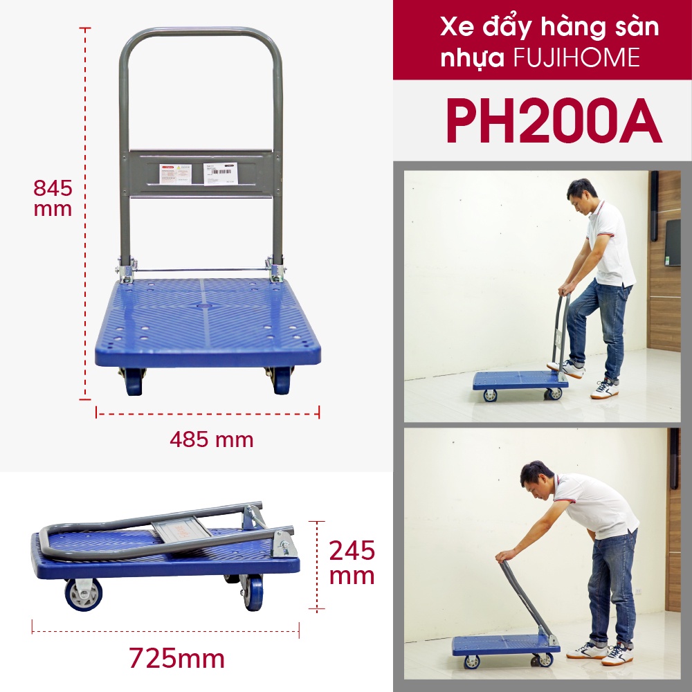 Xe đẩy hàng 4 bánh gấp gọn chống trượt PH200A Fujihome nhập khẩu - hàng chính hãng