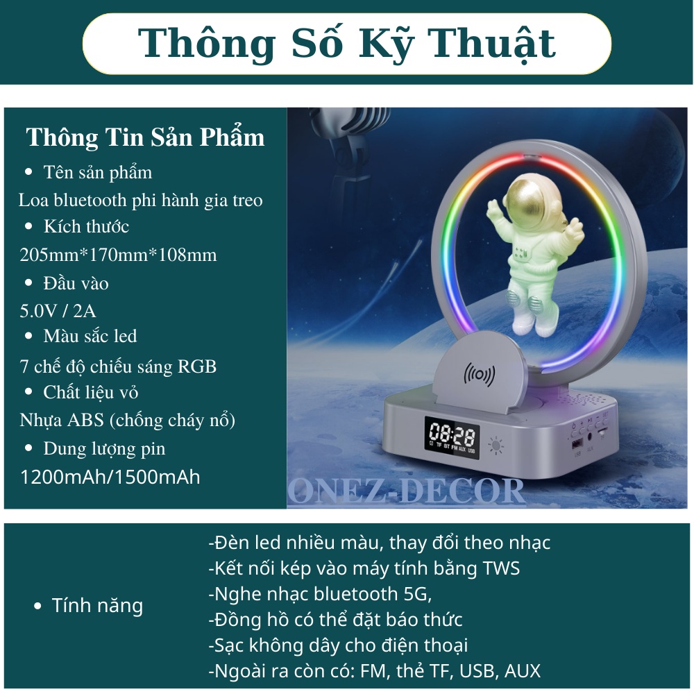 Loa bluetooth phi hành gia bay 5G có sạc không dây, đồng hồ, đèn ...