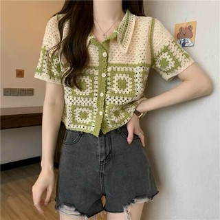 Áo len ren nữ đan móc, hoạ tiết ô vuông vintage, dáng len croptop 006
