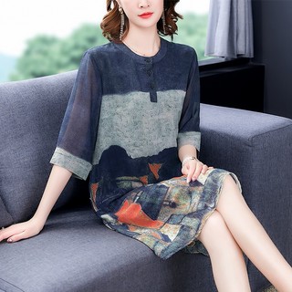 Đầm Lụa Trung Niên Dáng Suông Tay Lỡ Họa Tiết Thời Trang VH49
