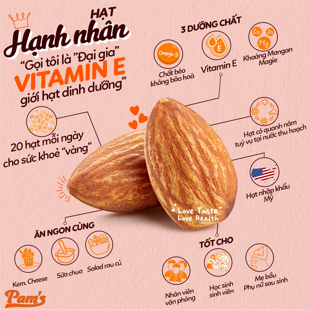 Hạnh Nhân Mỹ Tách Vỏ Pams(250g/hũ) Hạt Nhập Khẩu Mỹ, Rang Chín Giòn, Dùng Ăn Kiêng