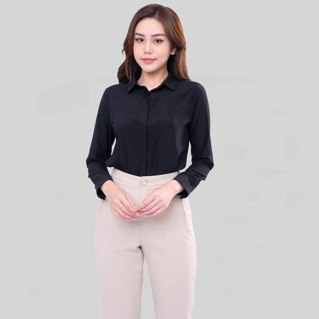 Áo sơ mi nữ R17 thiết kế dài tay sợi sen trơn form suông công sở Thái Hòa
