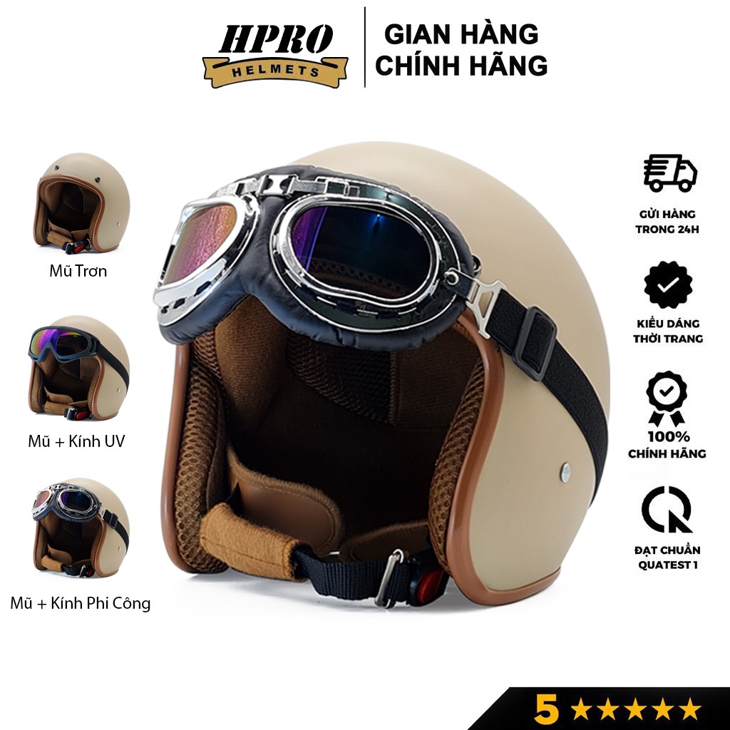Ảnh Mũ bảo hiểm 3/4 đầu Sundy Helmets, màu kem sữa mờ, sang trọng, tinh tế, Freesize (54-58cm) kèm kính UV, phi công 1