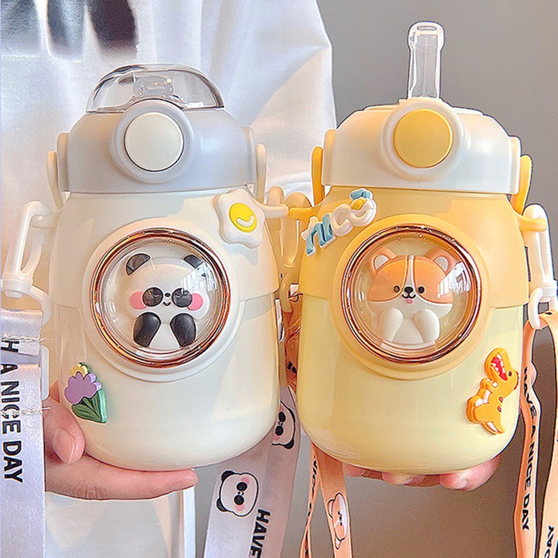 Bình Nước Giữ Nhiệt Cute INOX 316 Không Gỉ Họa Tiết Hoạt Hình Cho Học Sinh - Có Ống Hút 700ml
