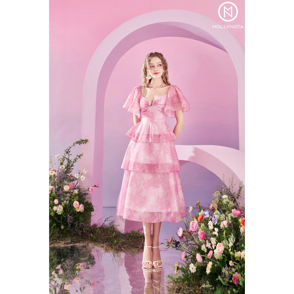 Mollynista – Đầm hồng organza von tơ in hoa tay loa 3 tầng quyến rũ tôn dáng