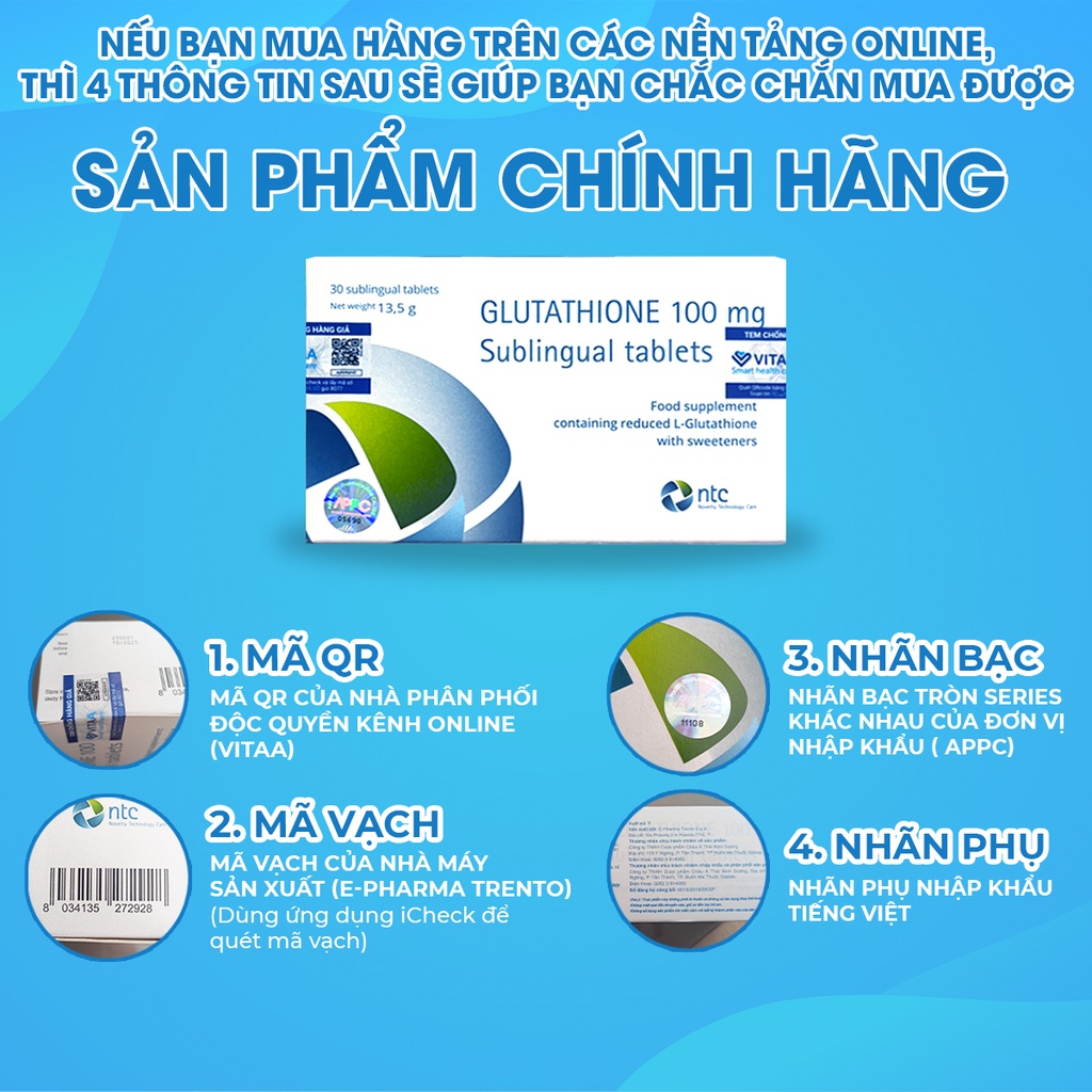 Ảnh COMBO 3 HỘP Viên Ngậm Trắng Da GLUTATHIONE 100mg SUBLINGUAL TABLETS Nhập Nhẩu Italy 3