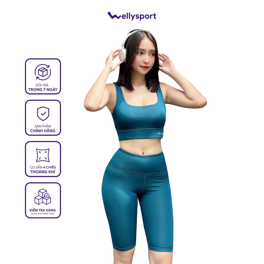 Set Đồ Tập Yoga Nữ, Welly Sport, Áo Bra Thể Thao 2 Dây, Quần Legging Đùi Lưng Cao, Màu Xanh Teal, Mã DLC