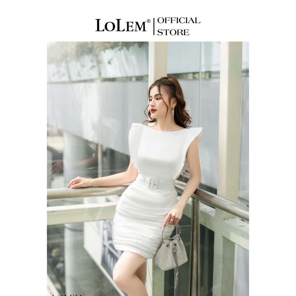 Đầm ôm cổ thuyền LOLEM DO222 rút nhún kèm dây belt vải thô lụa co giãn tốt