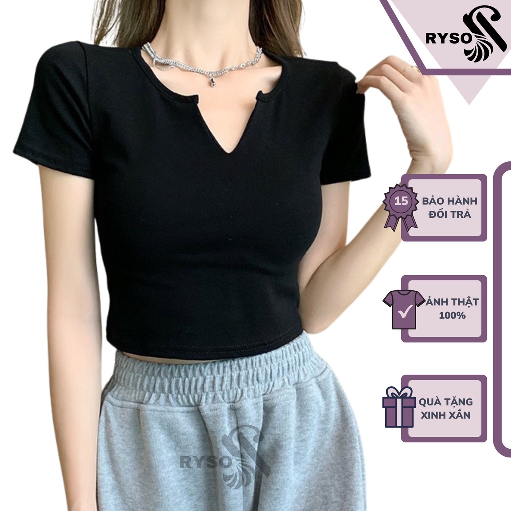 Áo Croptop Trơn Basic Cổ V RYSO FASHION Ôm Body Chất Thun Gân Dày Dặn Co Giản Mềm Mát Loại 1 Cổ Tròn Tay Ngắn spe
