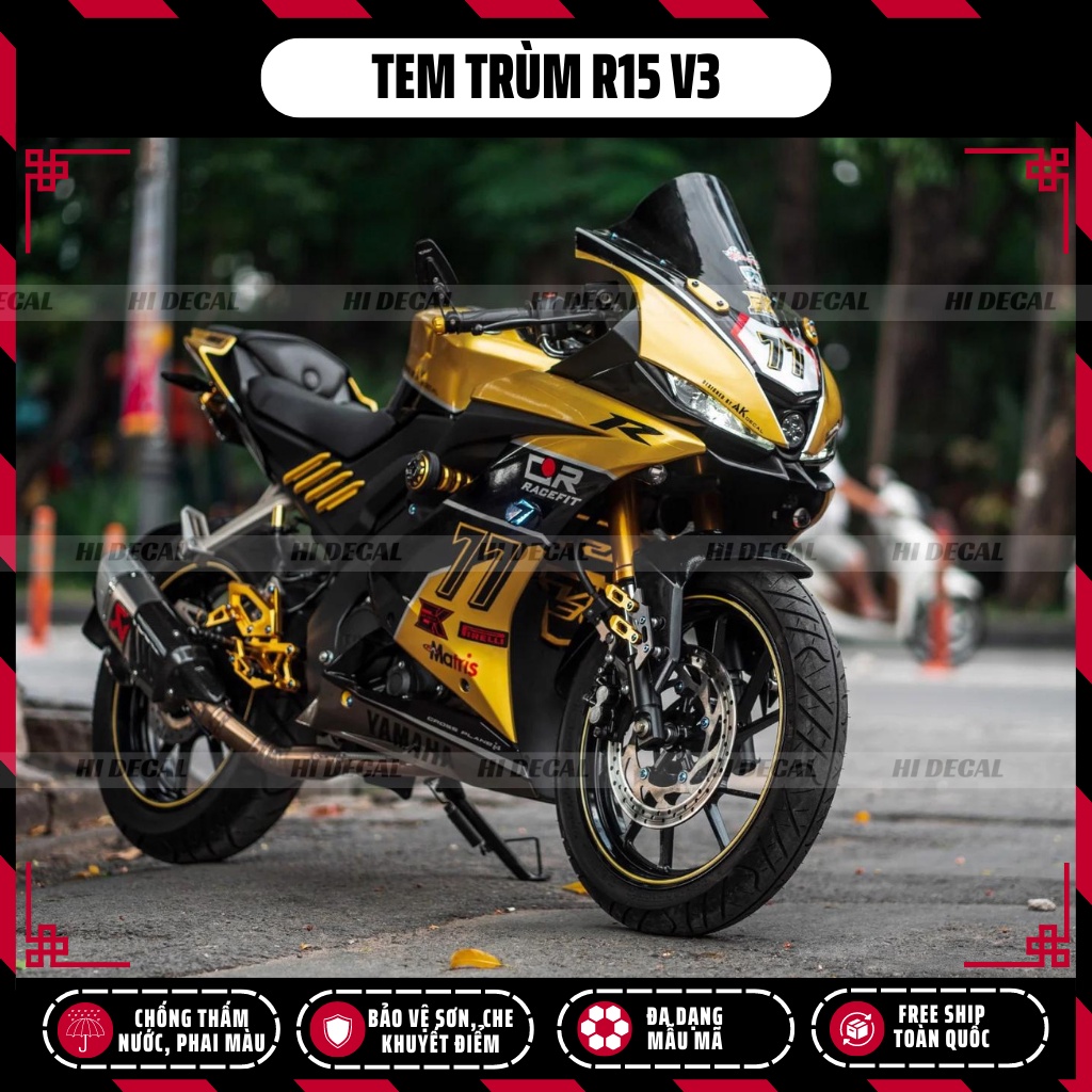 Tem trùm dán xe R15v3 màu vàng đồng | Mẫu R15-H015 | Decal dán xe R15 v3 chống nước, chống phai màu
