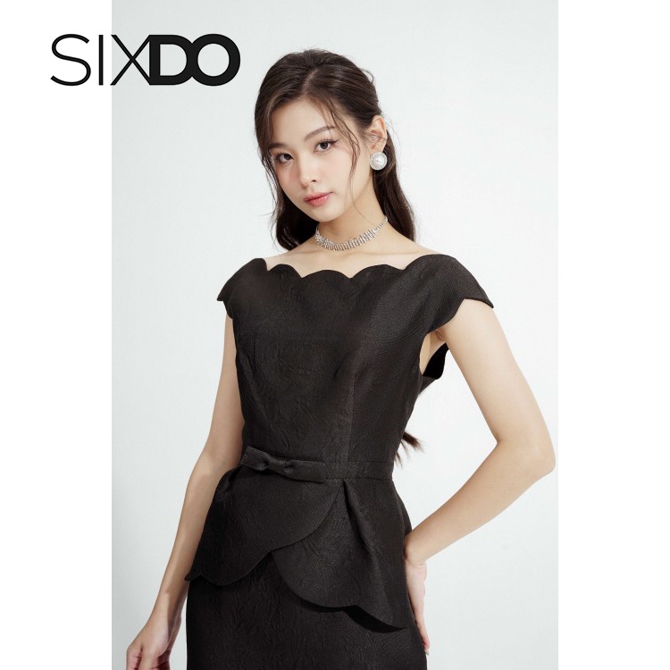 Đầm midi cổ sò màu đen thời trang SIXDO Black Scalloped Neck Midi Brocade Dress