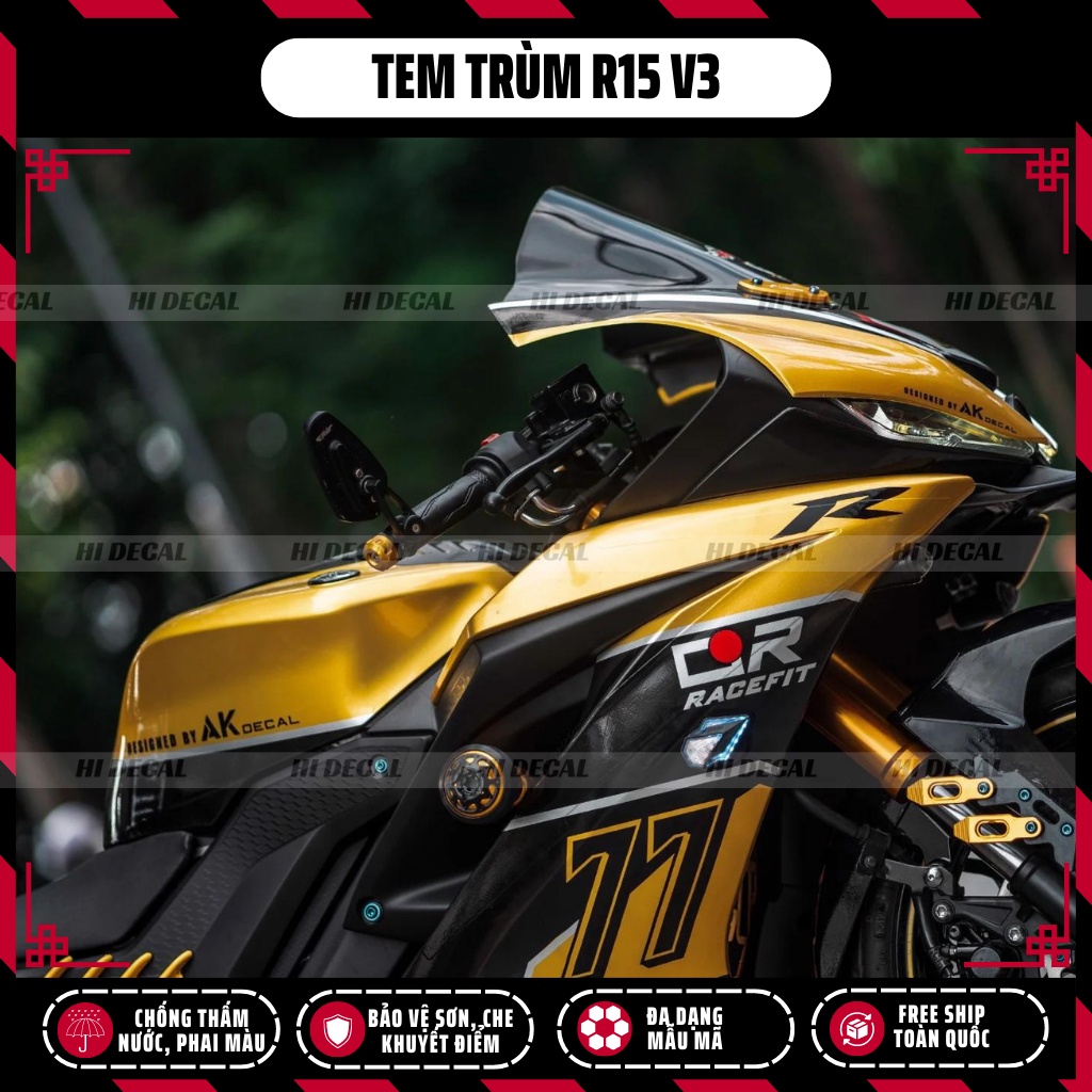 Tem trùm dán xe R15v3 màu vàng đồng | Mẫu R15-H015 | Decal dán xe R15 v3 chống nước, chống phai màu