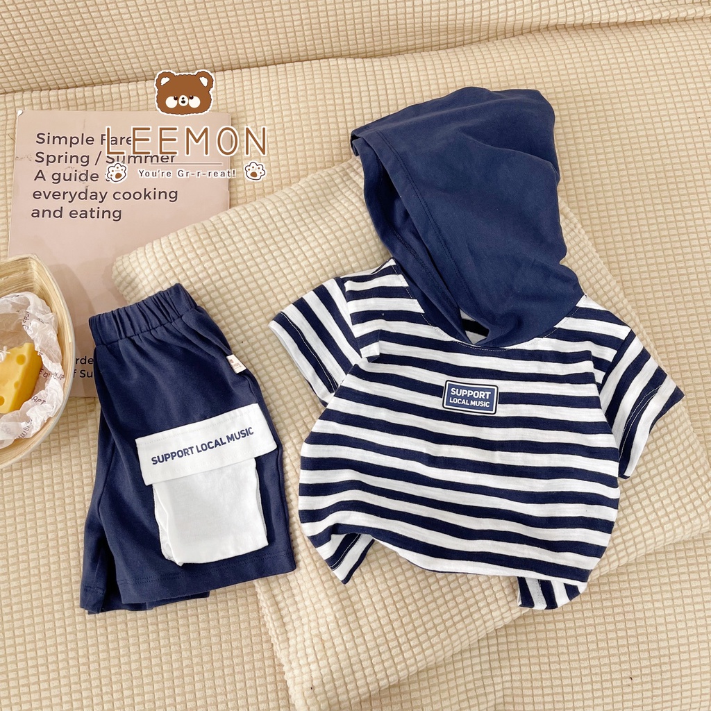 Bộ cotton kẻ ngang có mũ unisex cho bé, bộ hoddie sành điệu Leemon