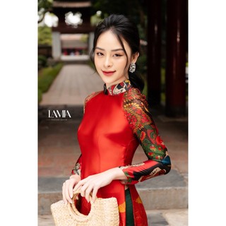 Áo dài truyền thống Lamia Design AD146  lụa cao cấp màu cam đỏ phối họa tiết tinh tế