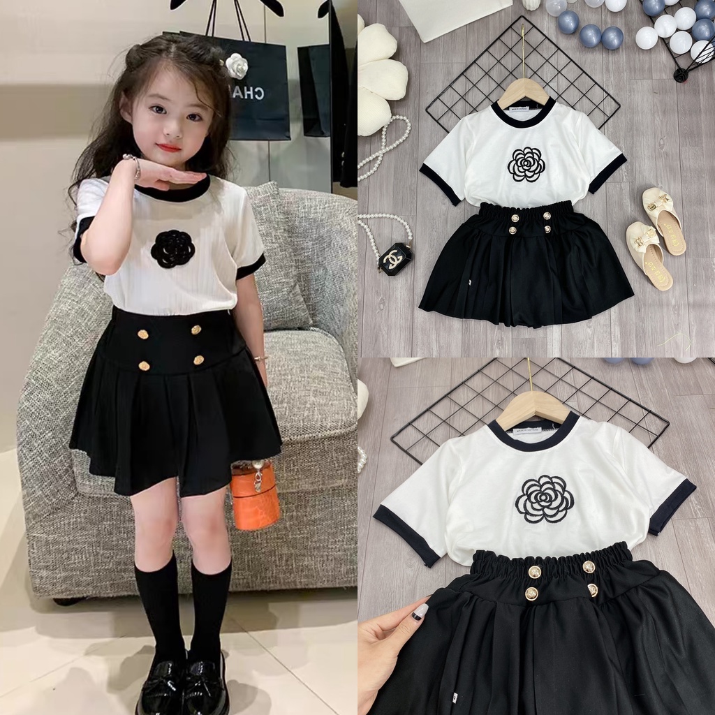 Set Váy Áo Hoa Trà Cho Bé Gái 15-46Kg Chất Liệu Cotton, Set Áo Tay Ngắn Cổ Tròn Và Chân Váy Xoè Xếp Li Dễ Thương A001