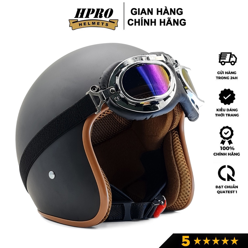 Ảnh Mũ bảo hiểm 3/4 đầu Sundy Helmets, màu đen nhám mạnh mẽ, cá tính, Freesize (54-58cm) kèm kính UV, phi công 3