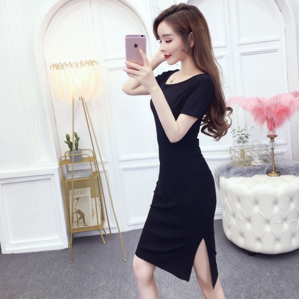 Đầm body nữ tay ngắn tôn dáng xẻ tà gợi cảm phong cách hàn quốc, Váy nữ khoét lưng trẻ trung V001