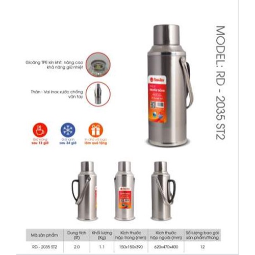 Ảnh Phích đựng nước 2 lít Inox Rạng Đông - Model: RD-2035 ST2 4