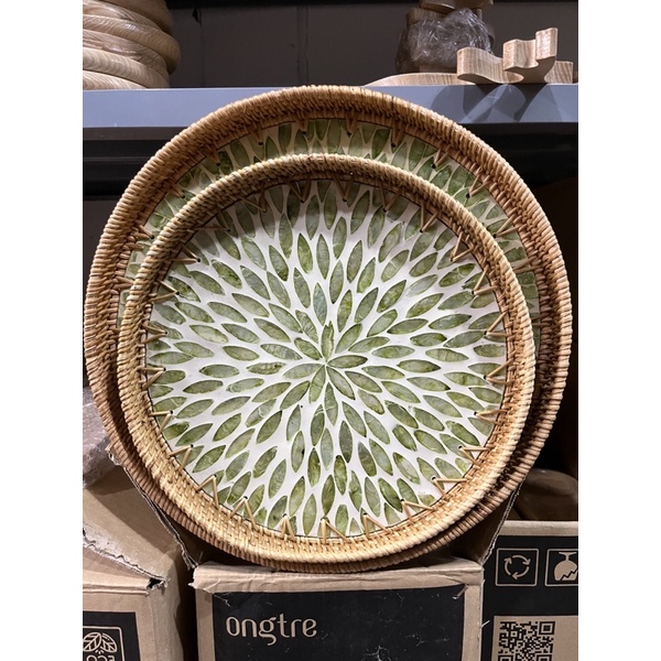 Khay Mây Khảm Trai ONGTRE Khay Đựng Đồ Đa Năng, Khay Decor, Khay Phục Vụ, Trang Trí Phòng Khách Cho Nhà Hàng, Khách Sạn