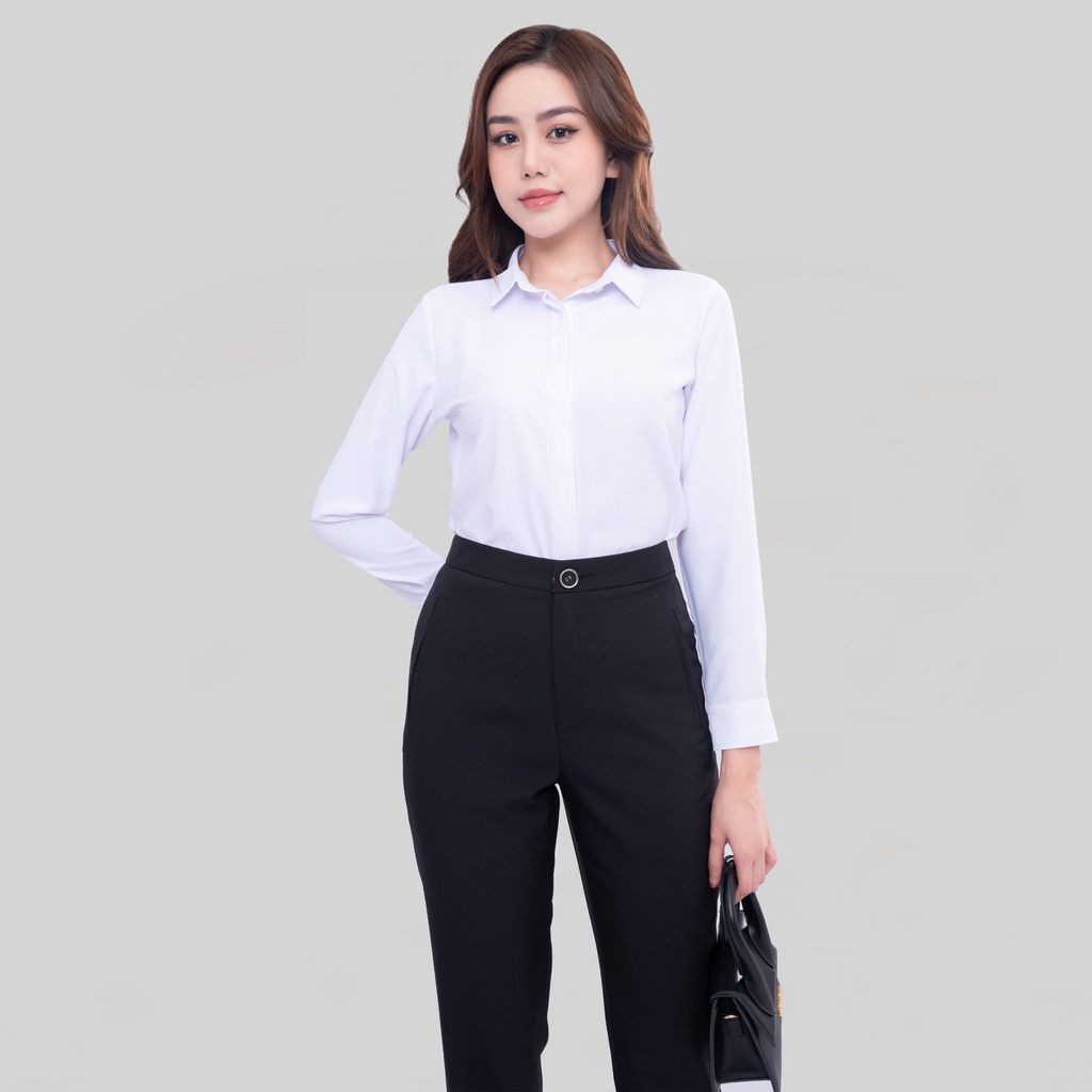 Áo sơ mi nữ R17 thiết kế dài tay sợi sen trơn form suông công sở Thái Hòa