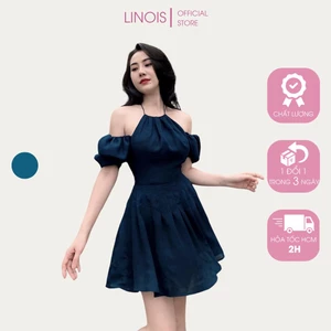 Đầm Voan Dáng Xòe Cổ Yếm Tay Phồng Trễ Vai Bo Eo - Vải Chiffon - Màu Xanh - Dành Cho Nàng Đi Tiệc, Đi Chơi