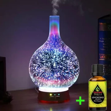 Máy Khuếch Tán Tinh Dầu Hiệu Ứng Ánh Sáng 3D Cực đẹp, Kèm Tinh Dầu Sả Chanh TIDAMO, Máy Xông Tinh Dầu 3D + Sả Chanh 10ml