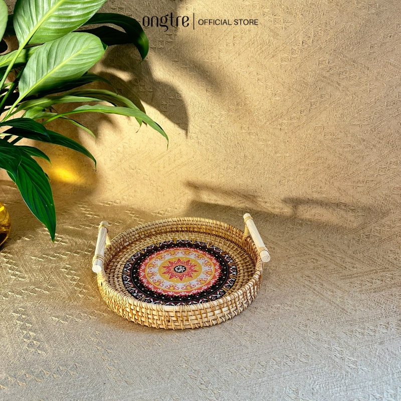 Khay mây tay cầm ONGTRE đáy gỗ họa tiết hoa văn đựng bánh mì trái cây phong cách vintage