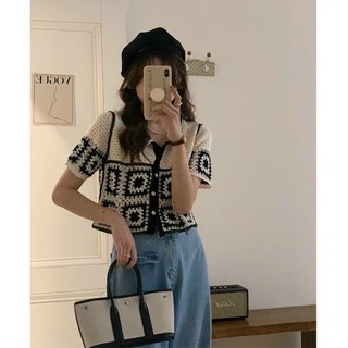 Áo len ren nữ đan móc, hoạ tiết ô vuông vintage, dáng len croptop 006
