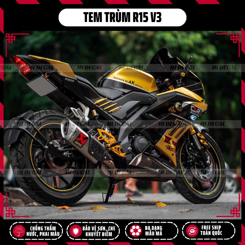 Tem trùm dán xe R15v3 màu vàng đồng | Mẫu R15-H015 | Decal dán xe R15 v3 chống nước, chống phai màu
