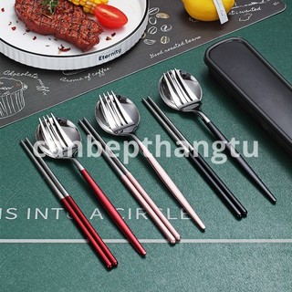 Bộ muỗng đũa cá nhân muỗng đũa inox cao cấp không gỉ hộp đựng có ngăn HMD