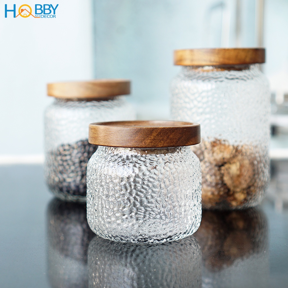 Hủ đựng gia vị thủy tinh nắp gỗ HOBBY Home Decor HTL1 nắp kín 3 size