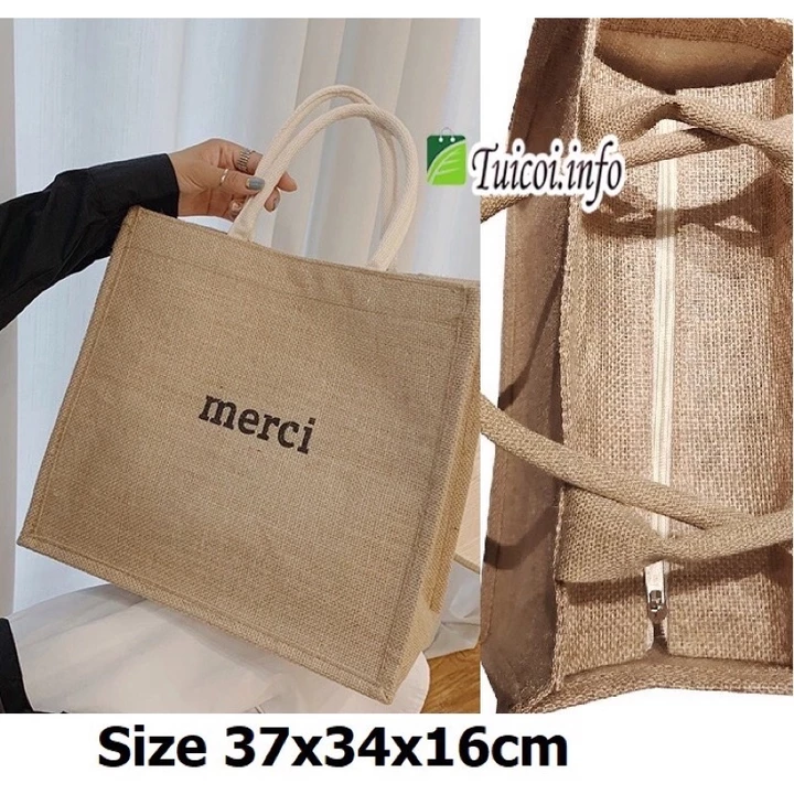 Túi cói Merci đi du lịch, túi cói đi biển, túi vải vuông, túi cói xinh