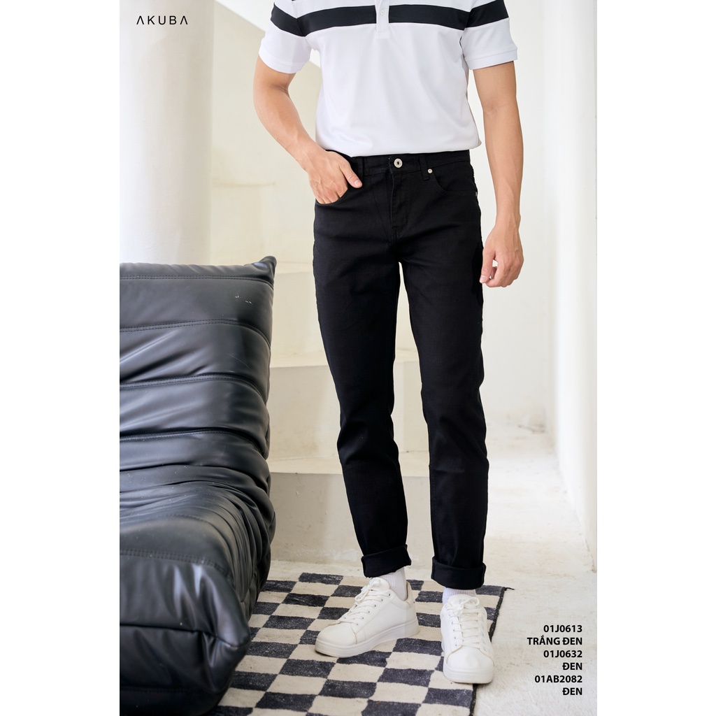 Quần jean nam đen trơn co giãn AKUBA chất liệu Denim, độ dày vừa phải, phong cách Hàn Quốc | 01AB2082