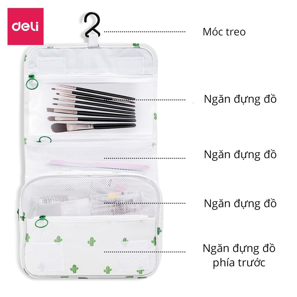Túi đựng mỹ phẩm du lịch size to có móc treo Deli, túi đựng đồ cá nhân đồ trang điểm đa năng chống thấm nước