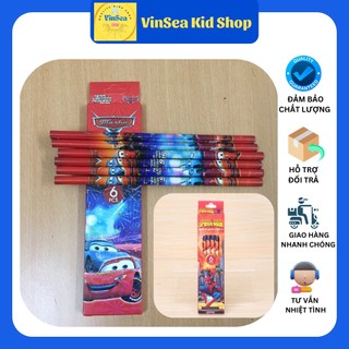 Set 6 Bút Chì Gỗ Chuốt HB Cao Cấp Kèm Hộp Quà Cho Bé Hoạt Hình Người Nhện/ Xe/ Khủng Long