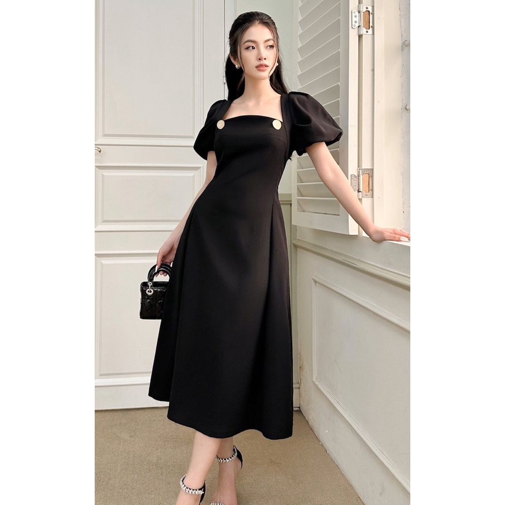 RẬP – Đầm Đen Tay Phồng Cổ Vuông Thân Xòe – LUCIE 09