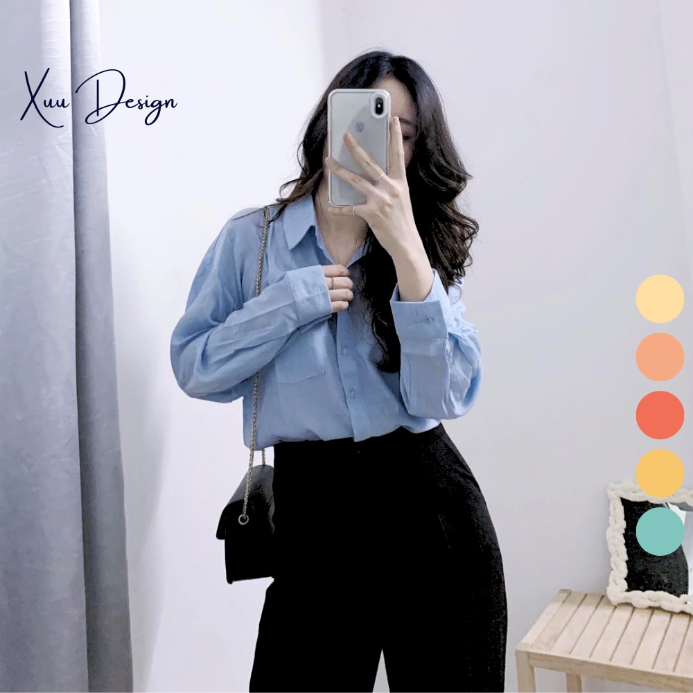 Áo sơ mi nữ dài tay dáng rộng có túi ngực chất liệu mát dễ phối đồ Xuu ...