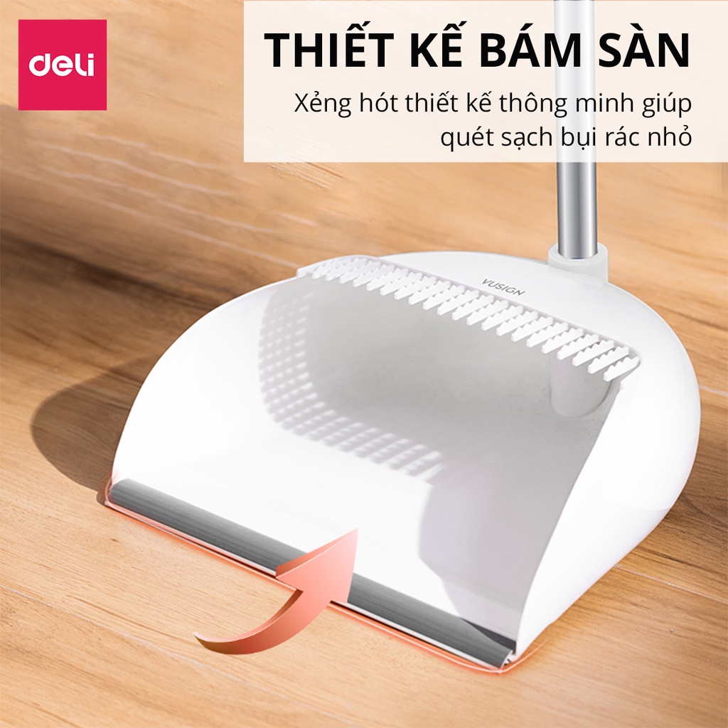 Bộ chổi quét nhà thông minh kèm hót rác chống mắc tóc Deli phù hợp với mọi mặt sàn phòng khách, phòng ngủ, phòng bếp
