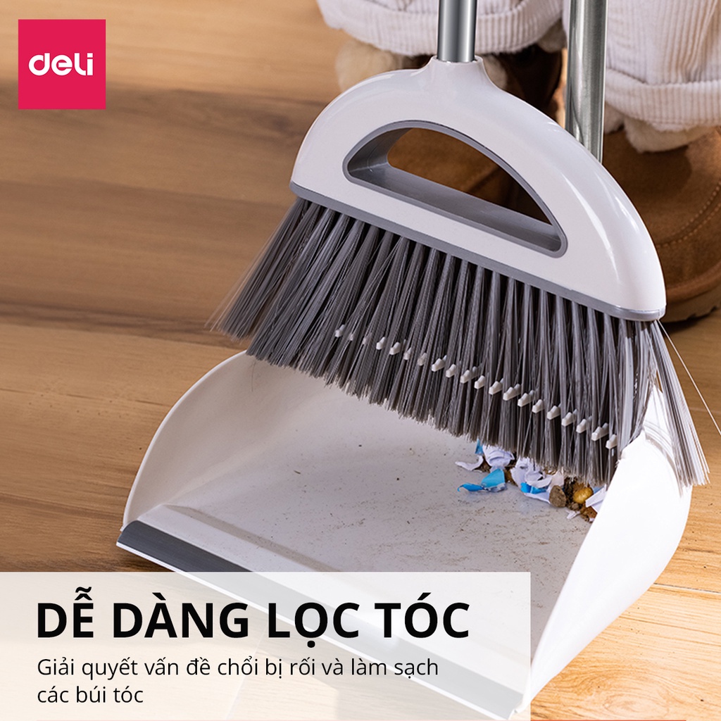 Bộ chổi quét nhà thông minh kèm hót rác chống mắc tóc Deli phù hợp với mọi mặt sàn phòng khách, phòng ngủ, phòng bếp