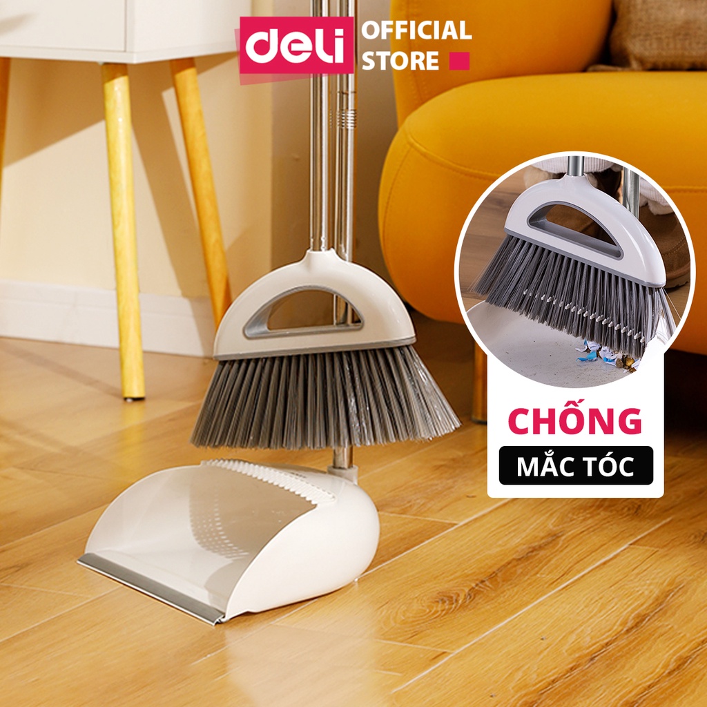 Bộ chổi quét nhà thông minh kèm hót rác chống mắc tóc Deli phù hợp với mọi mặt sàn phòng khách, phòng ngủ, phòng bếp