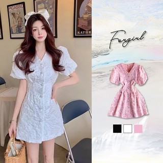 Váy xốp gấm Forgirl basic cổ V tay bồng hở lưng phối cúc ngọc phong cách Hàn quốc