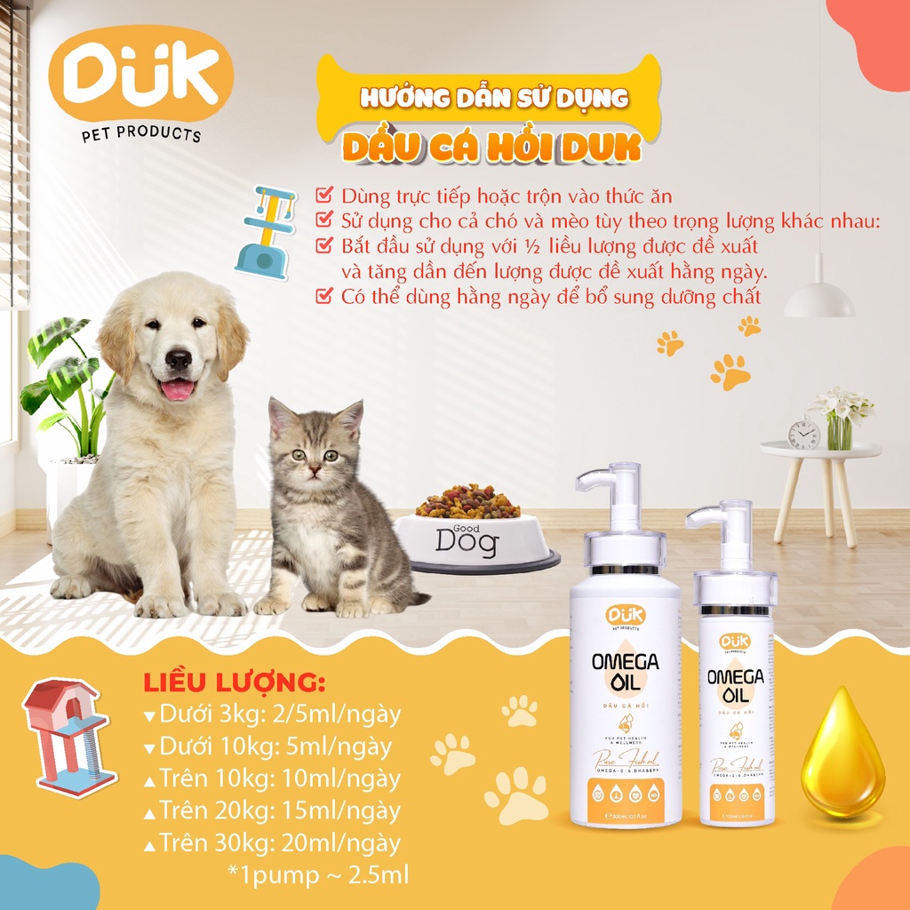 Dầu cá hồi dưỡng lông mềm mượt, ngăn rụng lông cho Chó Mèo DUK 150ml