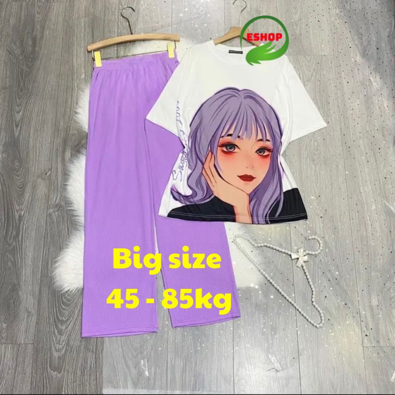 Đồ bộ nữ quần ống suông rộng bigsize ESHOP Đồ mặc nhà nữ cạp cao quần gân len tăm form rộng tay lửng co giãn đẹp DB61