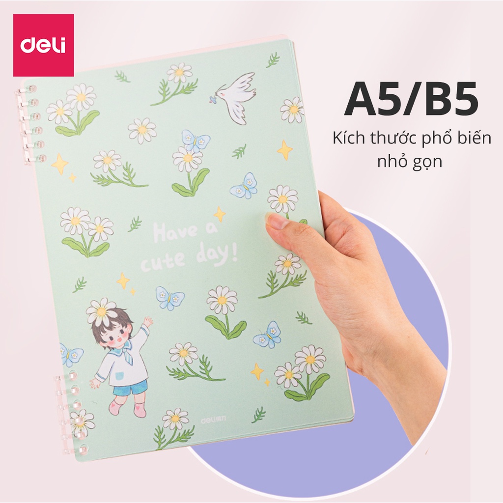 Sổ Còng 6 Lỗ Nhựa Deli A5/B5 Có Thể Tháo Gáy Bìa Xinh Have A Cute Day 50 Tờ 100 Trang | Sổ Học Sinh Giấy Mịn 24505/24506