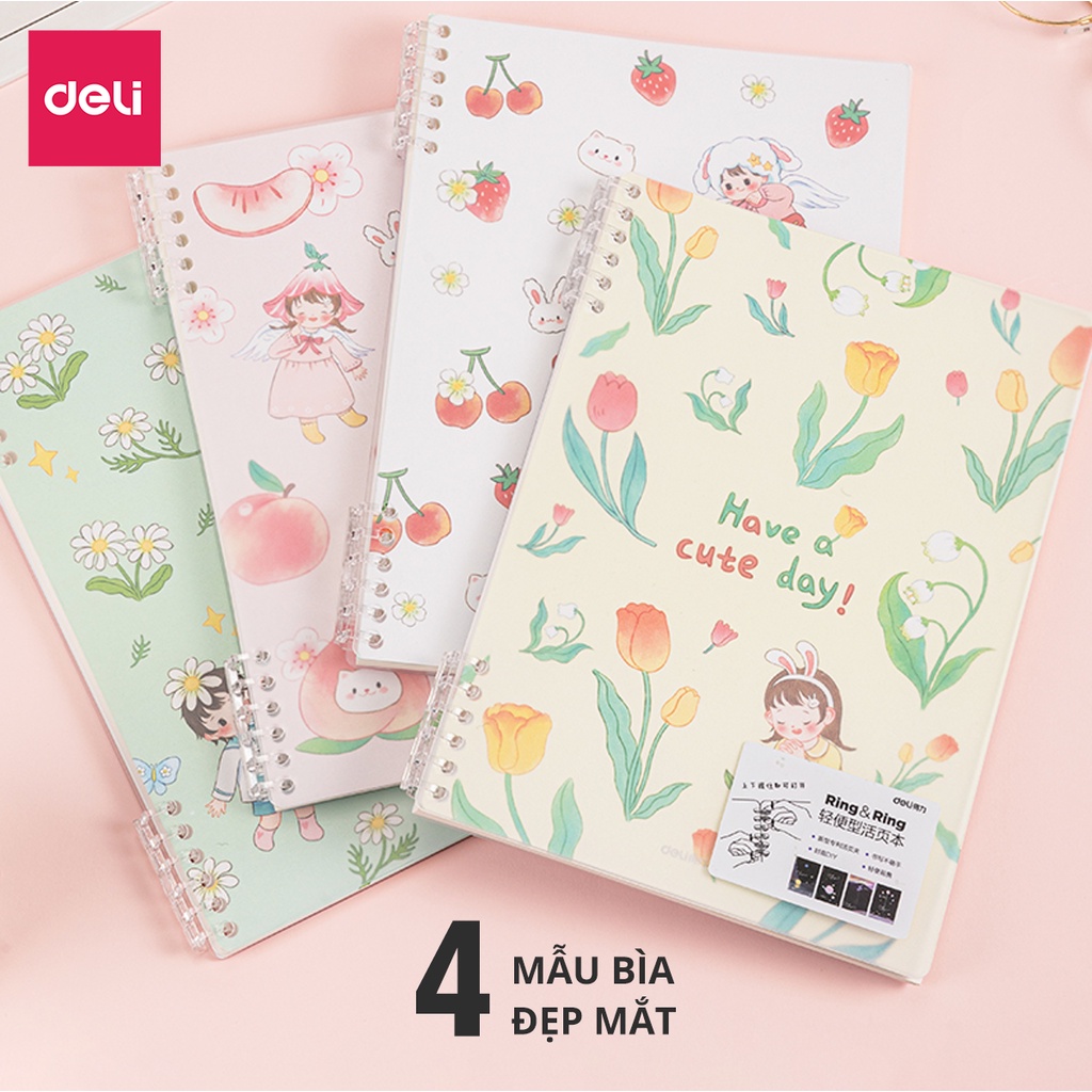 Sổ Còng 6 Lỗ Nhựa Deli A5/B5 Có Thể Tháo Gáy Bìa Xinh Have A Cute Day 50 Tờ 100 Trang | Sổ Học Sinh Giấy Mịn 24505/24506