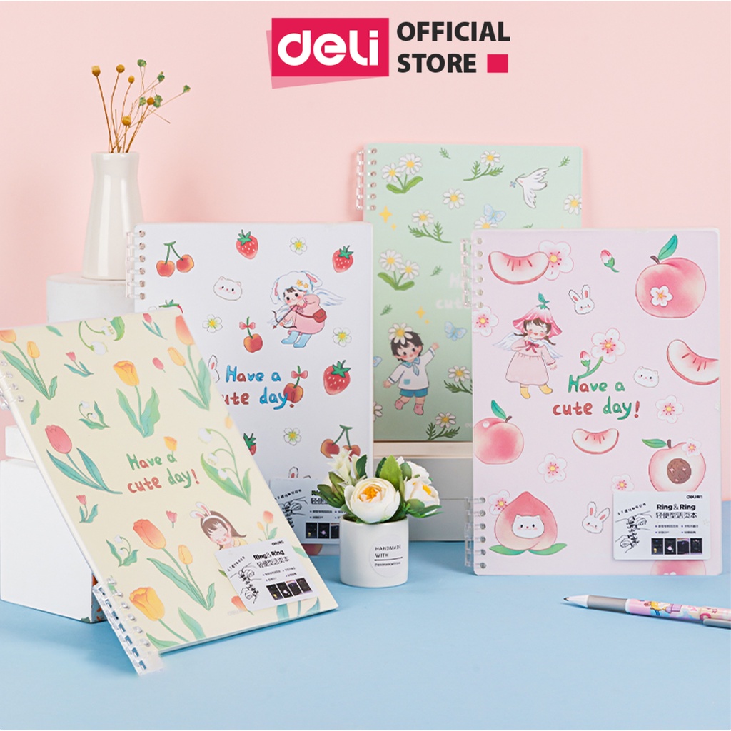Sổ Còng 6 Lỗ Nhựa Deli A5/B5 Có Thể Tháo Gáy Bìa Xinh Have A Cute Day 50 Tờ 100 Trang | Sổ Học Sinh Giấy Mịn 24505/24506