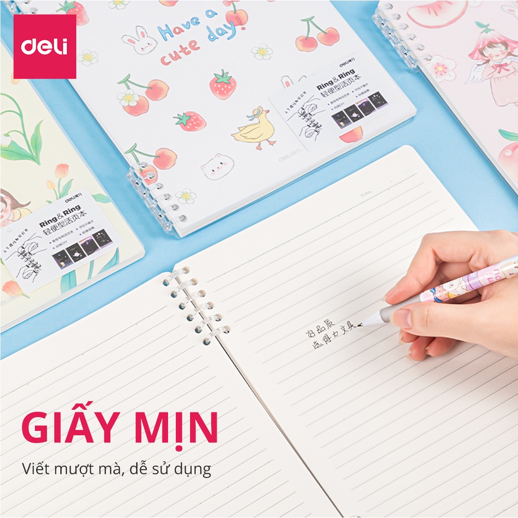 Sổ Còng 6 Lỗ Nhựa Deli A5/B5 Có Thể Tháo Gáy Bìa Xinh Have A Cute Day 50 Tờ 100 Trang | Sổ Học Sinh Giấy Mịn 24505/24506